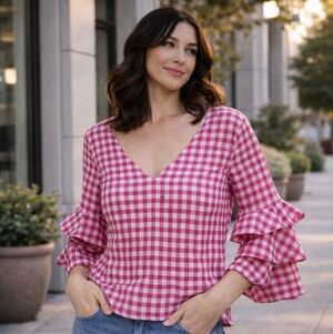 Zara Pink Gingham Cropped Ruffle Sleeve Blouse Size XS Cottagecore